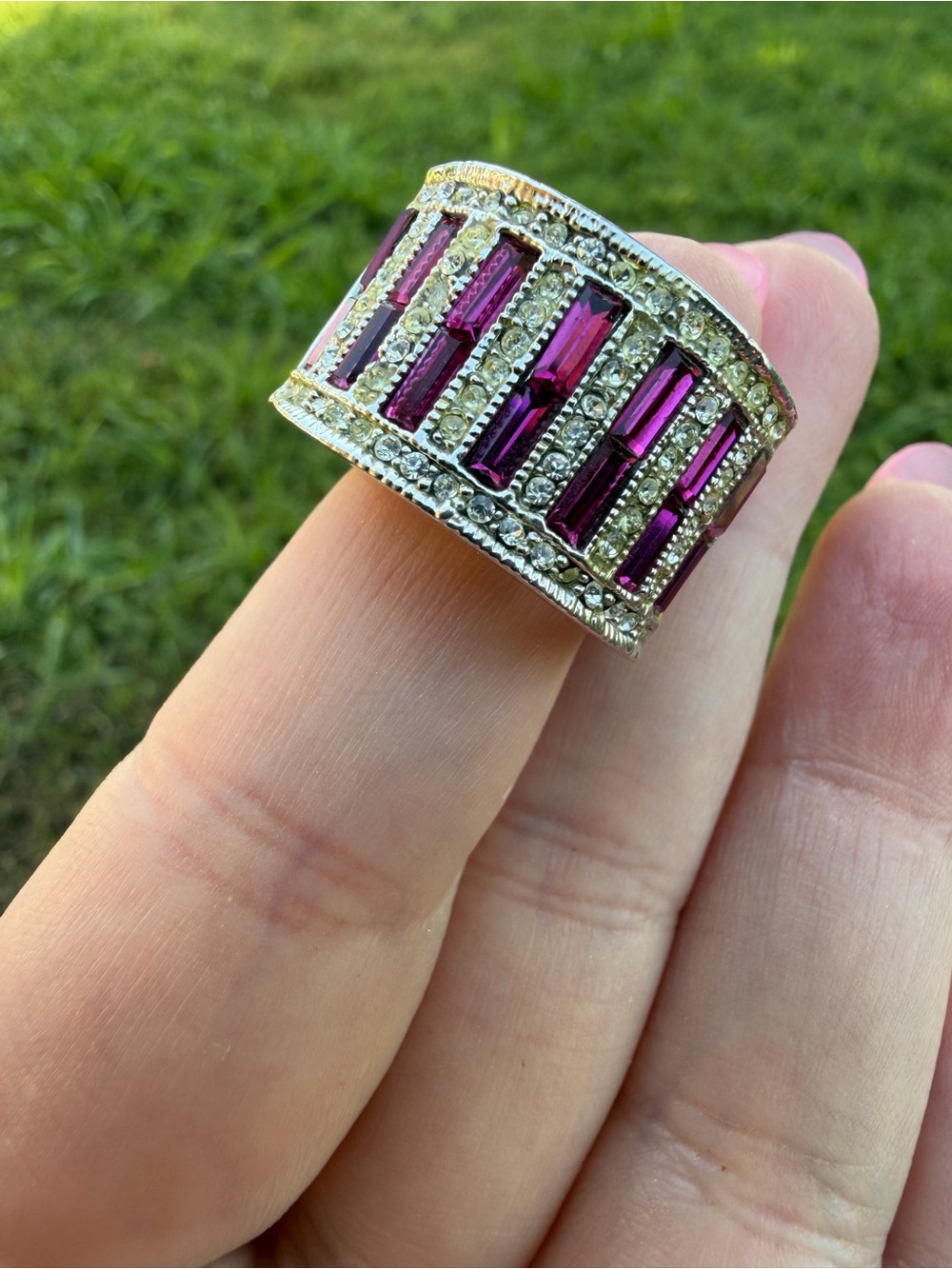 Silver Tone Wide Band Ring with Purple Baguette Stones